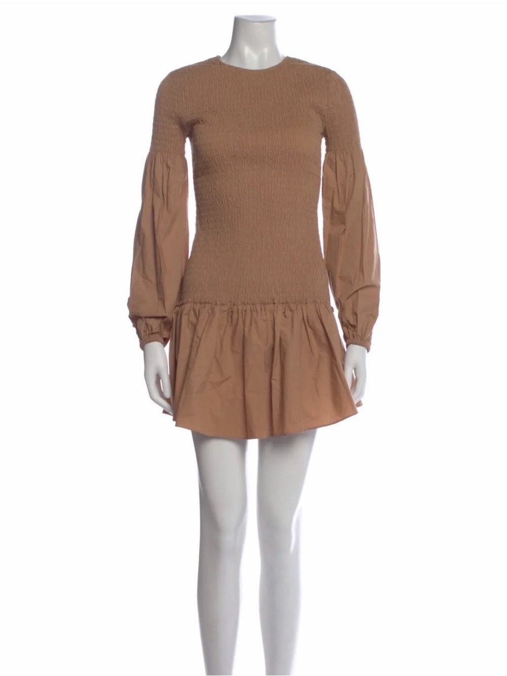A.L.C. Camel Smocked Mini Dress with Balloon Sleeves